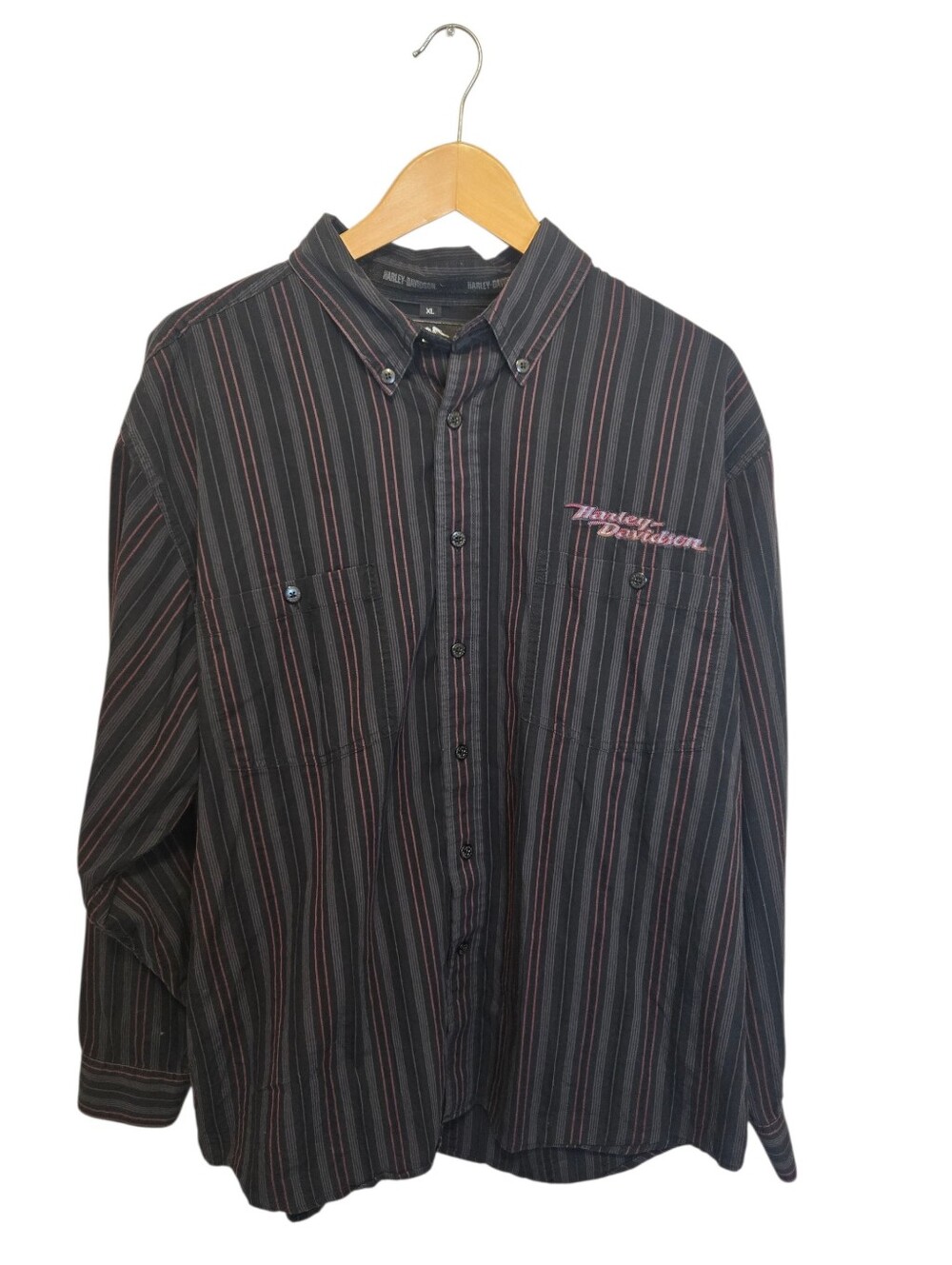 Harley-Davidson Black Button-Down Shirt with Gray and Red Stripes